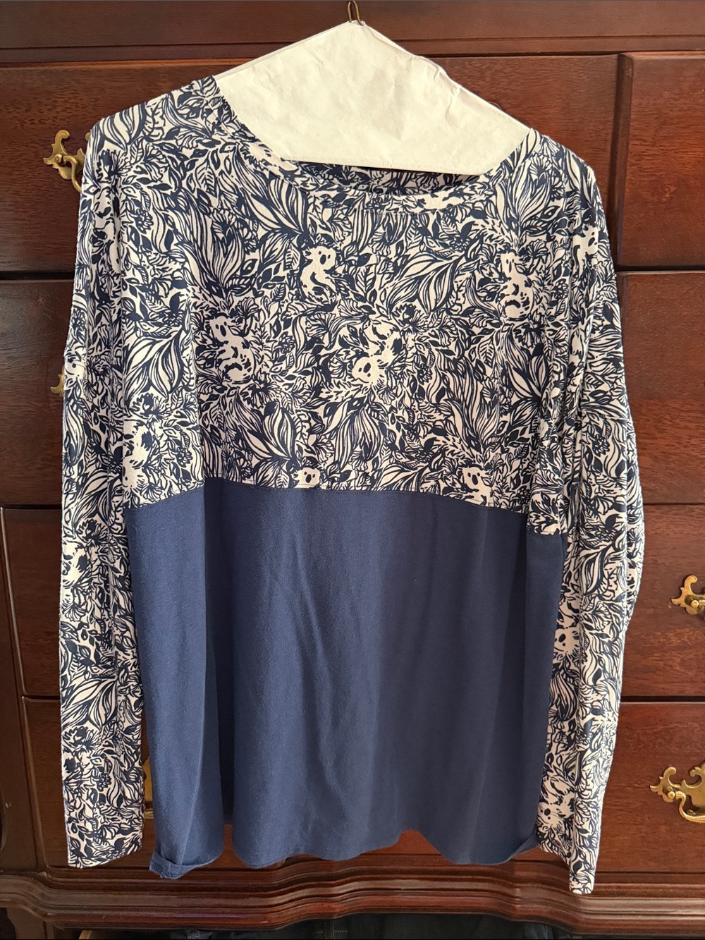Lilly Pulitzer Navy and White Floral Block Long-Sleeve Top